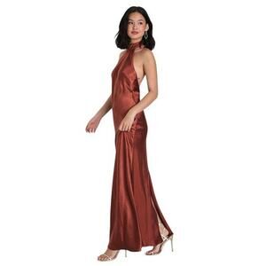Lulus Love in Your Life Rust Brown Satin Halter Maxi Dress size Small NWT